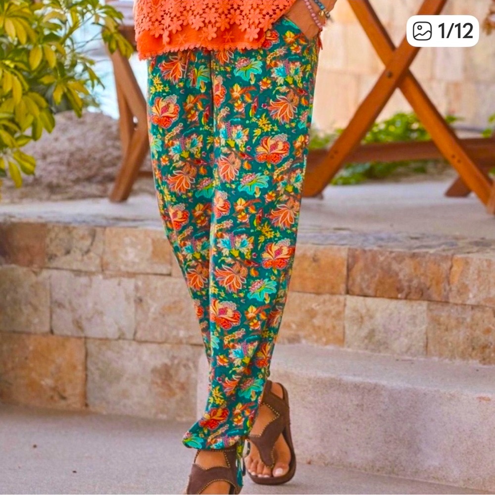 Sundance Women’s Pant Riya Beach Floral Relaxed Harem Ankle Tie Lightweight EUC